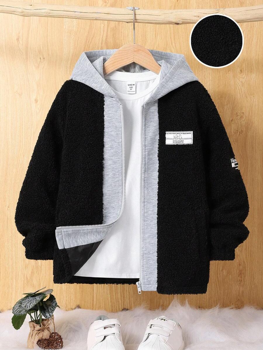 SHEIN Tween Boy Letter Patched Detail Hooded Teddy Coat Without Tee - Black - View 1
