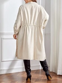 SHEIN Essnce Plus Roll Tab Sleeve Drawstring Waist Flap Pocket Coat - Khaki - View 2