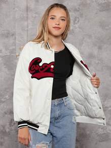 青少年女孩字母貼片條紋飾邊落肩校隊夾克 - 黑與白 - 查看 5