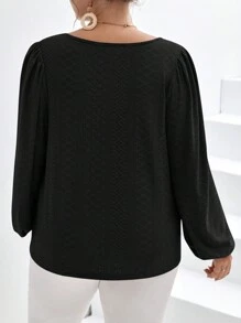 SHEIN Frenchy 大碼網眼刺繡燈籠袖前紐扣襯衫 - 黑色 - 查看 4