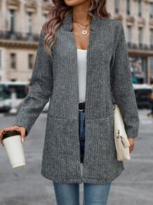 SHEIN LUNE 雙口袋開門襟花呢外套 - 深灰色 - 查看 4