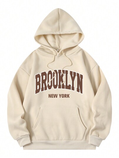 Capucha con estampado de letra con bolsillo de canguro con cordón con forro térmico