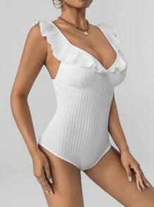 SHEIN Privé 荷葉邊深V領連體衣 - 白色 - 查看 3