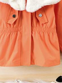 SHEIN Young Girl Borg Collar Elastic Waist Flap Detail Coat Without Sweater - Orange - View 5