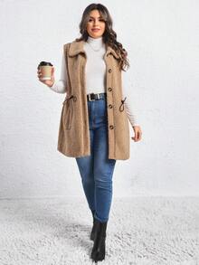 SHEIN LUNE Plus Drawstring Waist Teddy Vest Coat - Khaki - View 5