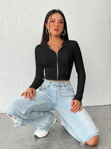 SHEIN EZwear Y2k 拉链抽绳连帽短款连帽衫，毕业长袖上衣，返校服装，毕业典礼，女士教师服装，秋冬返校 - 黑色 - 查看 7