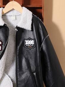 SHEIN Tween Boy Letter Patched Detail Teddy Lined PU Leather Coat,In Fall/Winter - Black - View 4