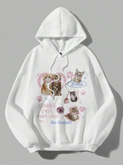 SHEIN Qutie Sudadera Con Capucha De Manga Larga Con Eslogan De Gato Y Diseño Casual Y Sencillo Para Mujer, Adecuada Para Otoño E Invierno