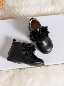 Girls' New Korean Style Step Shoes For Autumn And Winter With Black British Style Flower Decoration, Fashionable For Baby's Outdoor Activities - Black - View 6