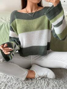 Flirla Plus Color Block Drop Shoulder Sweater - Green - View 7