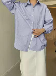DAZY 竖条纹落肩口袋贴布衬衫，秋季女装长袖上衣 - 寶藍色 - 查看 3