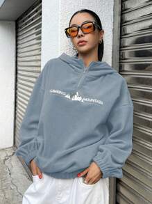 DAZY 字母刺绣落肩四分之一拉链羊毛连帽衫（不含 T 恤），秋季女装运动衫