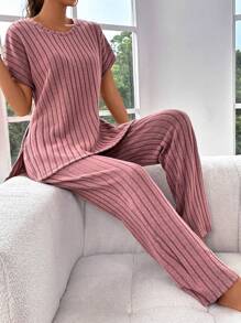 蝙蝠袖开衩上衣和裤子休闲套装 - 藕粉色 - 查看 3