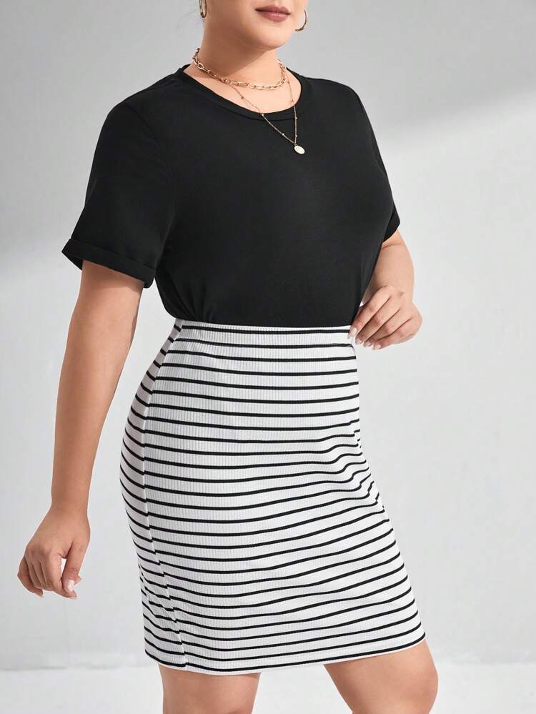 Plus Solid Tee & Striped Print Skirt