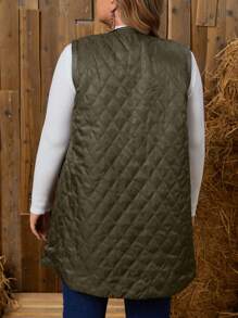 EMERY ROSE Plus Flap Pocket Sleeveless Quilted Coat - Army Green - View 2