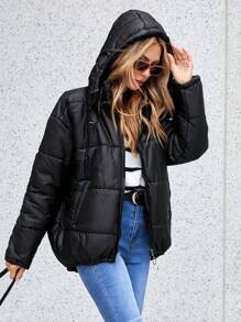 EURMUSE Drop Shoulder Drawstring Hem Zipper Hooded Puffer Coat - Black - View 1