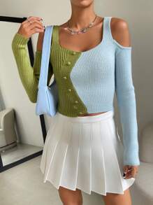 Chiquease 双色露肩纽扣针织套头衫秋冬毛衣 - 薄荷綠 - 查看 3