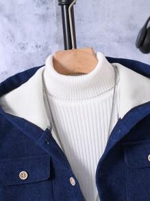 男大童帶蓋口袋保暖襯裡連帽燈芯絨大衣（不含毛衣） - 藍色 - 查看 6