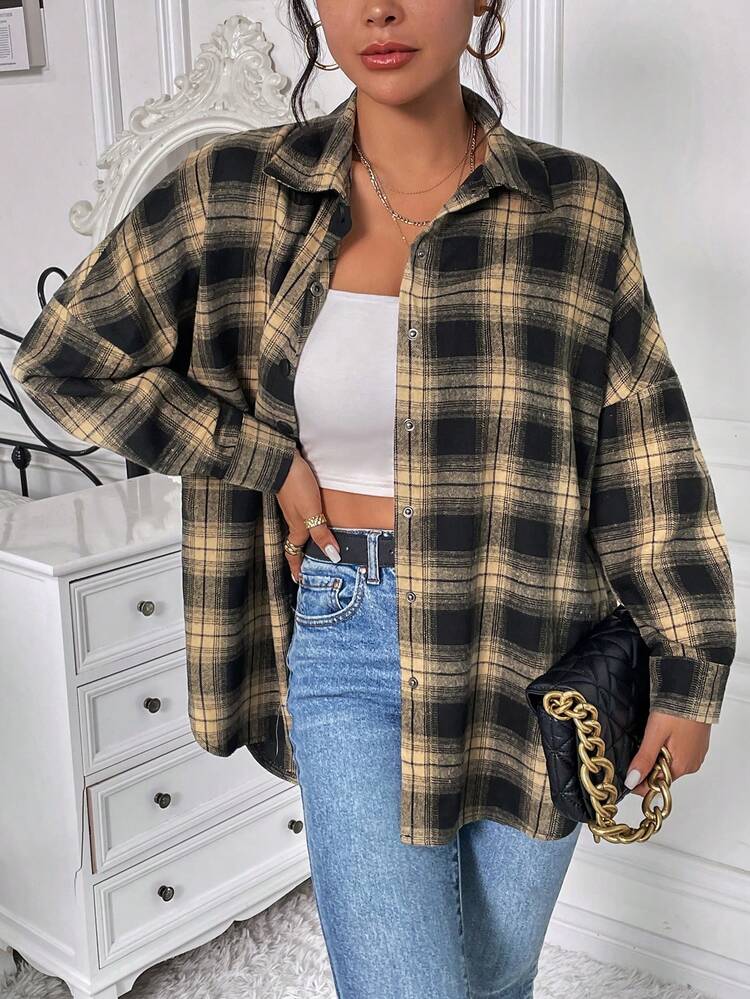 Plaid Print Drop Shoulder Curved Hem Coat Fall Cloth For Women