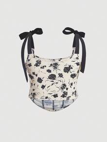 SHEIN MOD 加大花卉印花系带肩带宽肩带上衣 - 彩色 - 查看 2