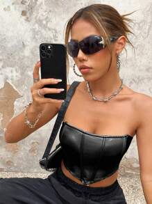 SHEIN ICON 不對稱PU皮革筒形黑色上衣 - 黑色 - 查看 3