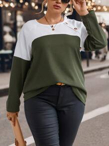 SHEIN LUNE Plus Two Tone Button Detail Raglan Sleeve Tee Graphic Tees Women Tops Fall Cloth For Women - Multicolor - View 1