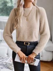 SHEIN Privé 素色絨毛針織上衣和開襟衫 - 卡其色 - 查看 1