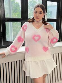 SHEIN Qutie Hơn Hình trái tim Lê Kết cườm Thả vai Áo len - Nhiều màu - Xem 6