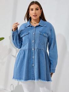 SHEIN Privé 大碼翻蓋口袋毛邊牛仔夾克 - 中等水洗藍 - 查看 6