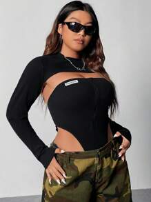 SHEIN ICON 大碼拉鏈開襟超短款上衣&抹胸上衣 - 黑色 - 查看 6