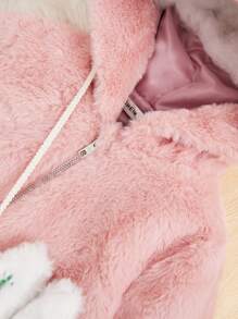 SHEIN Little Girls' Woven Plush Hooded Loose Mid-heavyweight Jacket With Rabbit Shaped Crossbody Bag - Dusty Pink - View 3