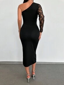 EURMUSE Lace Insert One Shoulder Bodycon Dress - Black - View 2