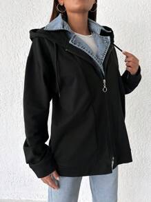 EURMUSE Women's Casual Hooded Long Sleeve 2 In 1 Jacket - Black - View 3