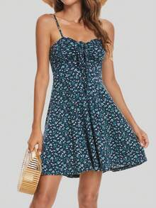 小碎花正面花卉抽繩吊帶洋裝 - 綠色 - 查看 1