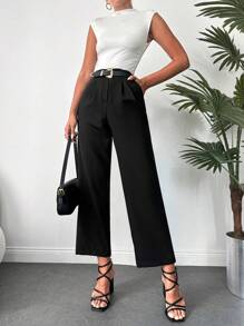 EURMUSE Solid Slant Pocket Straight Leg Pants Without Belt - Black - View 1