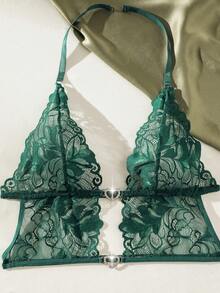 SHEIN Set de lencería con encaje floral con abertura - Verde Oscuro - Ver 5
