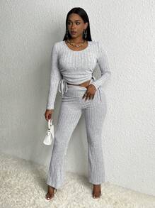 Slaydiva Slayr Casual Home Round Neck Long Sleeve Drawstring Waist T-Shirt And Straight Fit Ribbed Grey Sweatpants 2 Piece Set For Women - Grey - View 5