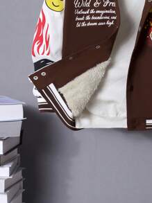 SHEIN Cậu bé Tween Đồ họa Khẩu hiệu Lót nhiệt Áo khoác Không có áo len - Lạc đà - Xem 3