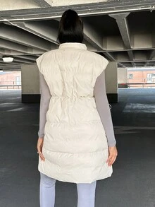 SHEIN SXY 素色腰部抽繩羽絨背心大衣 - 米色 - 查看 2