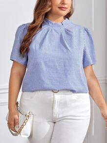 SHEIN Essnce 夏季条纹印花立领衬衫 - 藍白色 - 查看 1