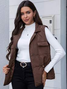 SHEIN Clasi Áo khoác đệm lưng có túi nắp, dây rút - màu nâu - Xem 6