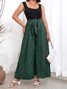SHEIN Holidaya 大碼斑點印花闊腿腰帶連身褲 - 墨綠色 - 查看 4
