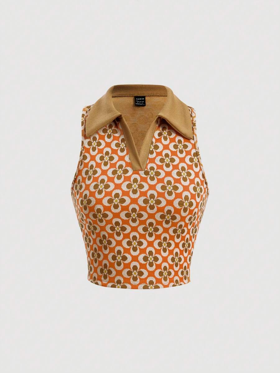 SHEIN MOD Vải in hoa Crop Tank Top - Màu Cam cháy - Xem 1