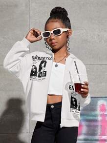 SHEIN 少女字母和图案落肩拉链卫衣 - 白色 - 查看 5