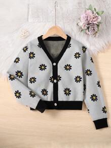 SHEIN Cô gái Tween Mô hình hoa Tương phản ràng buộc Nút phía trước Áo len Mở - Nhiều màu - Xem 1