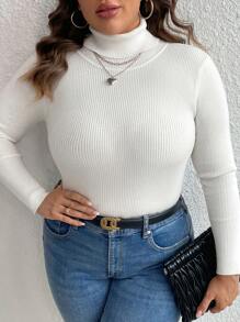 SHEIN Clasi Plus Turtleneck Ribbed Knit Sweater - White - View 5