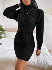 EURMUSE Turtleneck Ribbstickad tröja med bälte - Svart - Visa 3
