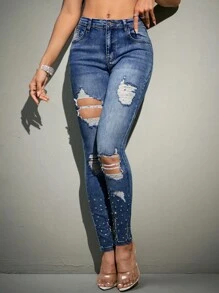 SHEIN BAE Quần Jeans Rách Họa Tiết Kim Cương Giả - Màu xanh lam - Xem 6