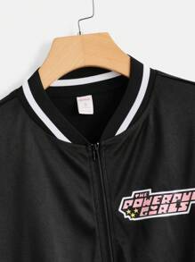 The Powerpuff Girls | ROMWE Cartoon Graphic Striped Trim Bomber Jacket - Black - View 3