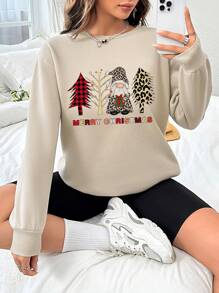 SHEIN EZwear Christmas Print Drop Shoulder Sweatshirt - Khaki - View 1